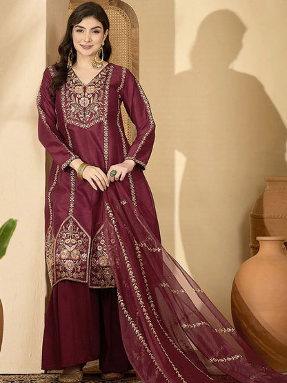 Dhiyona SN Women Ethnic Motifs Embroidered Zari Kurta With Sharara & Dupatta
