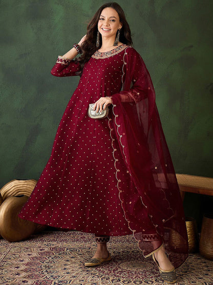 Geometric Printed Zari & Sequinned A-Line Kurta & Palazzo With Dupatta