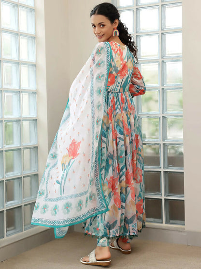 Women's LB Off white Printed Poly Chiffon A-Line Kurta With Palazzos & Dupatta