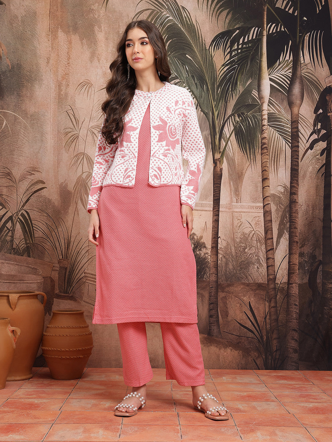 Geometric Self-Design Straight Winter Kurta with Trousers & Jacket
