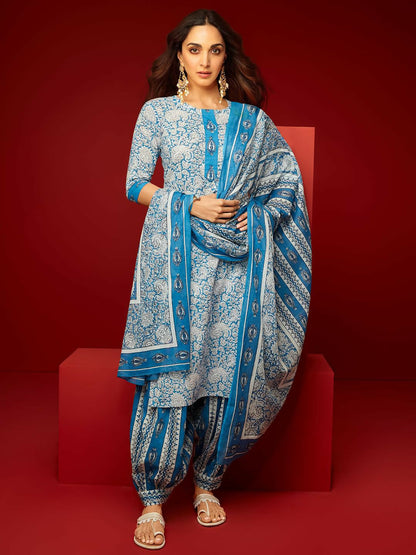 Women's LB Blue Printed Cotton Straight Suit With Dupatta