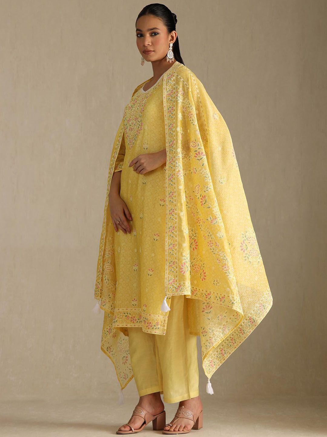 Dhiyona SO Women's Floral Embroidered V-Neck Chanderi Cotton Straight Kurta With Palazzos & Dupatta