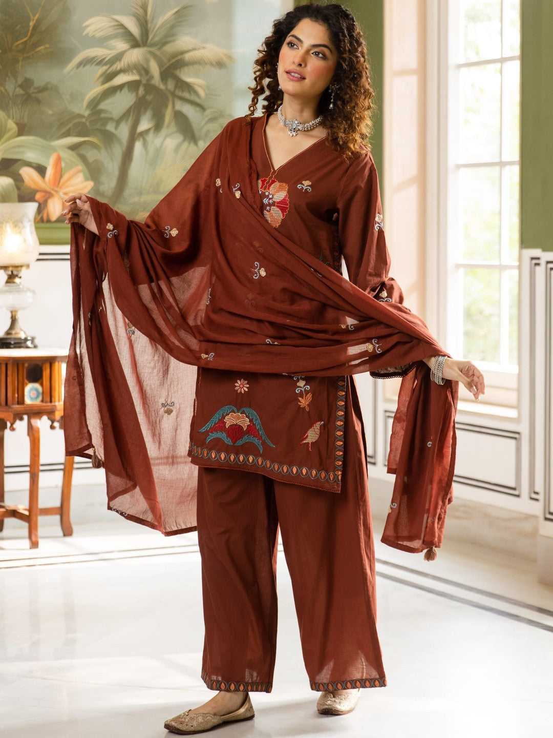 Embroidered Pure Cotton V-Neck Kurta Trousers & Dupatta