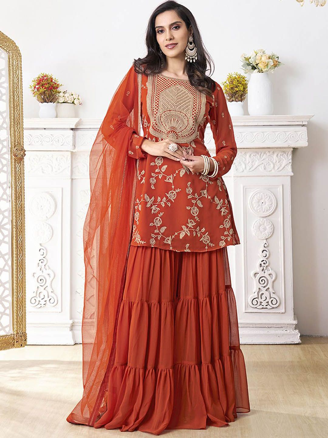 Dhiyona IN Floral Embroidered Thread Work Georgette A-Line Kurta With Sharara & Dupatta