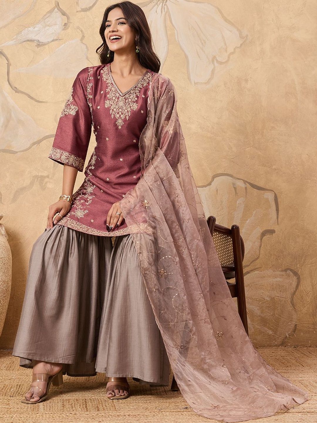 Dhiyona HOP Floral Embroidered V-Neck Sequinned Straight Kurta & Sharara With Dupatta