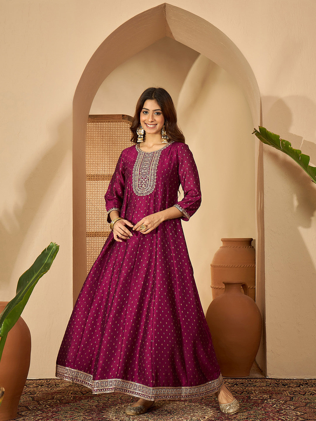 Foil Printed Embroidered Kurta With Trouser & Dupatta