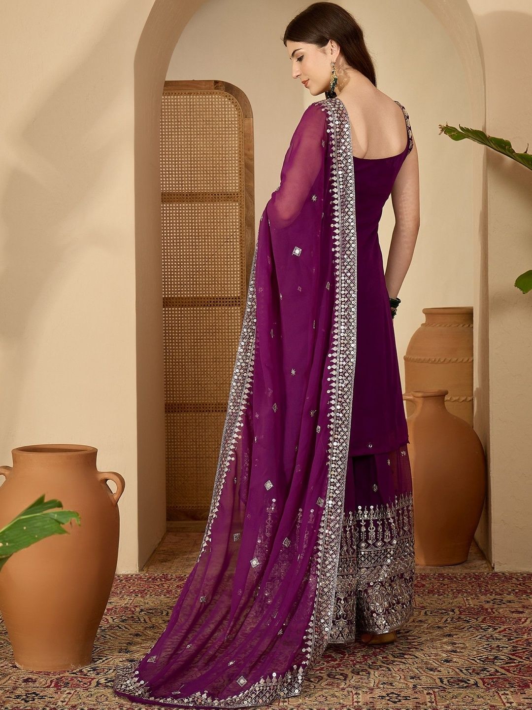 Dhiyona SN Ethnic Motifs Embroidered Sequinned Straight Kurta with Sharara & Dupatta
