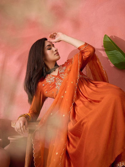 Women's Orange Floral Embroidered V-Neck A-Line Kurta With Trousers And Dupatta
