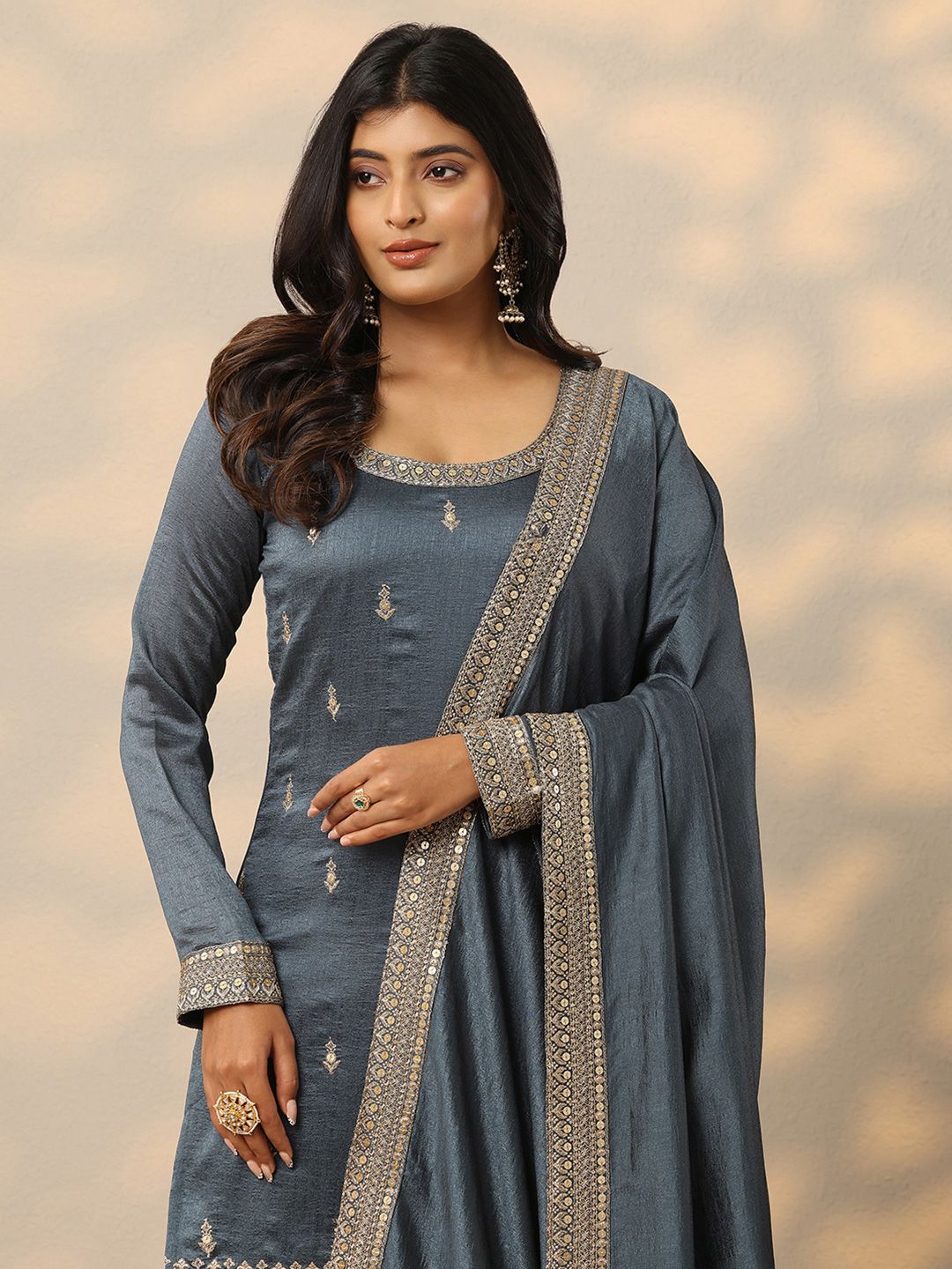 Dhiyona LL Floral Embroidered Zari Kurta with Palazzos & With Dupatta