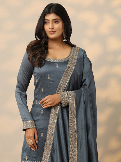 Dhiyona LL Floral Embroidered Zari Kurta with Palazzos & With Dupatta