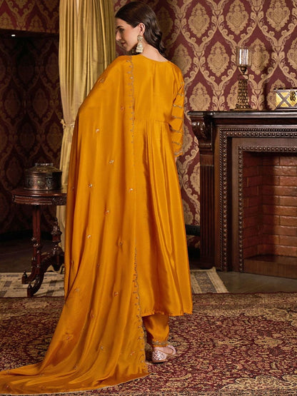 Dhiyona CH Ethnic Motifs Embroidered Round Neck Anarkali Kurta With Trousers & Dupatta