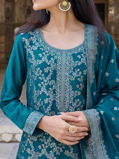Dhiyona KL Floral Woven Design Straight Kurta with Trousers & Dupatta