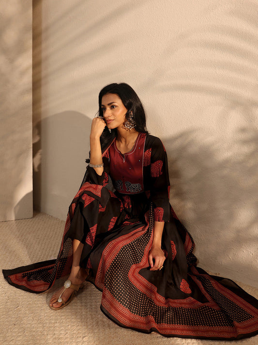 Black Ethnic Printed Cotton Straight Suit Set with Dupatta