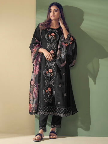 Women's Black Embroidered Straight Kurta Trousers With Dupatta Set