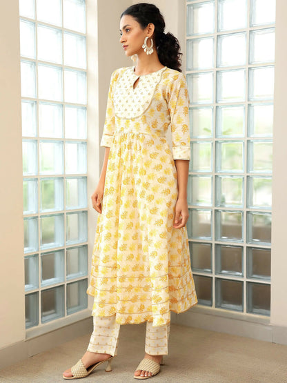 Women's LB Mustard Printed Cotton Anarkali Suit With Dupatta