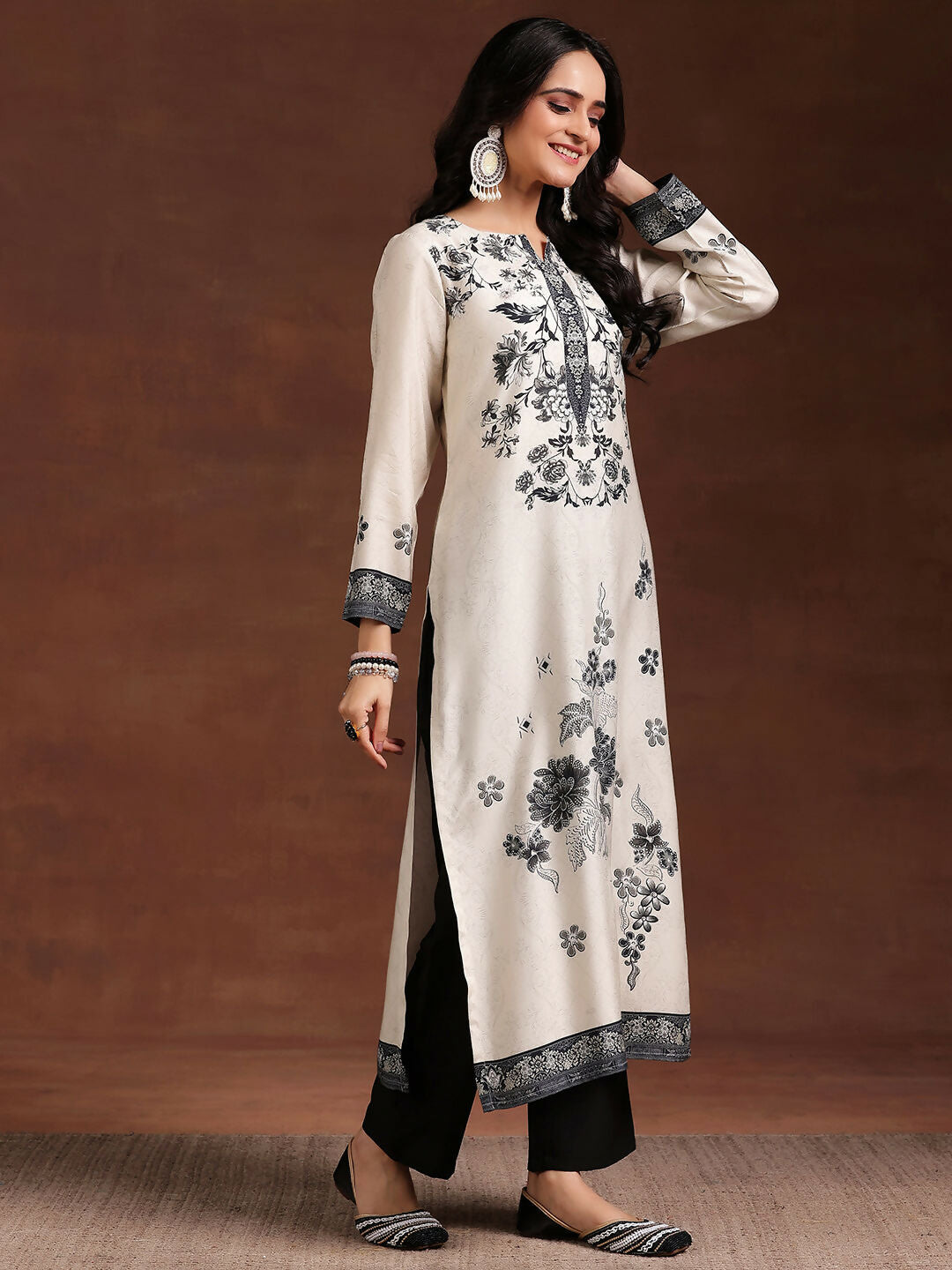 Women's LB Monochrome Printed Silk Blend Straight Suit With Dupatta