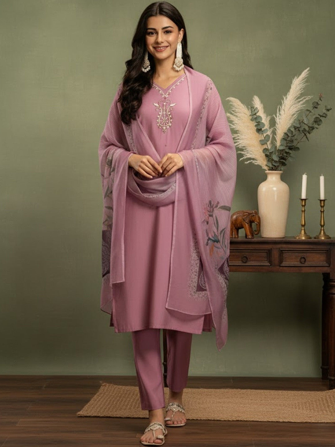 Embroidered V-Neck Kurta & Trousers Kurta Sets