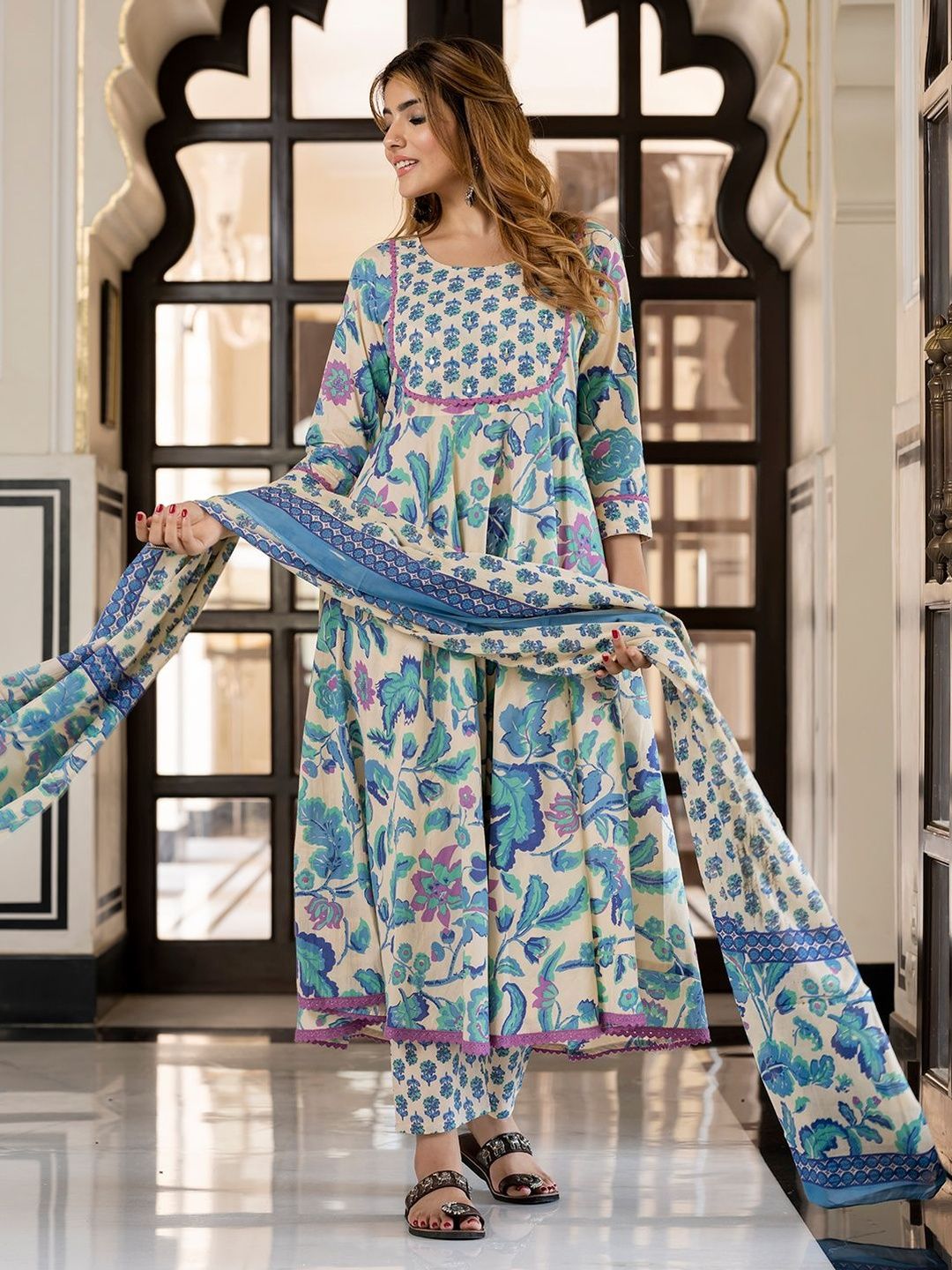 Dhiyona KL Kalini Women Floral Printed Pure Cotton Anarkali Kurta and Trousers With Dupatta
