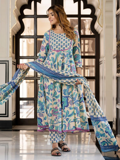 Dhiyona KL Kalini Women Floral Printed Pure Cotton Anarkali Kurta and Trousers With Dupatta