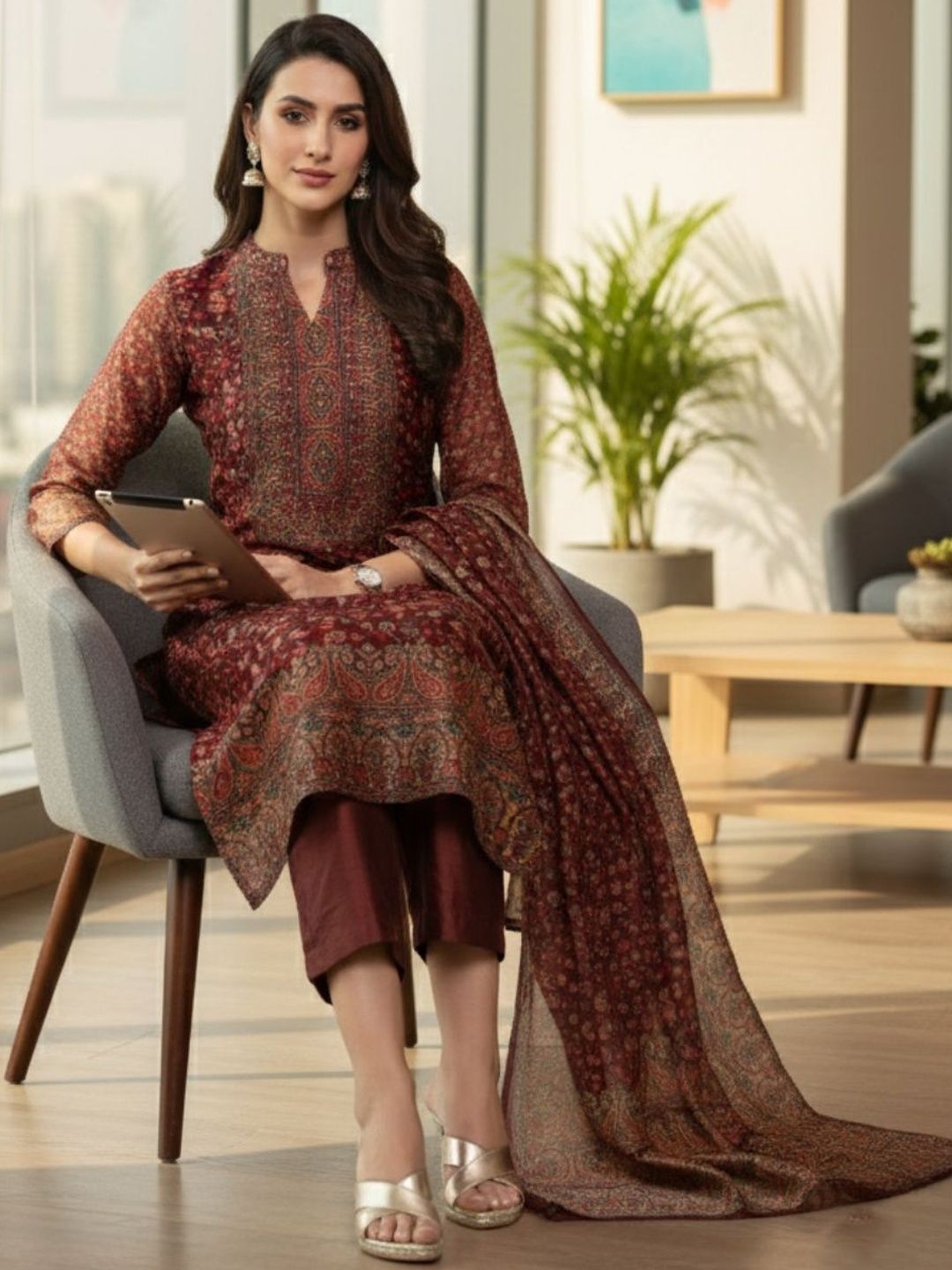 Maroon Women Ethnic Motifs Printed Regular Chanderi Silk Kurta with Trousers & With Dupatta