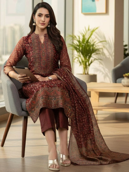 Maroon Women Ethnic Motifs Printed Regular Chanderi Silk Kurta with Trousers & With Dupatta