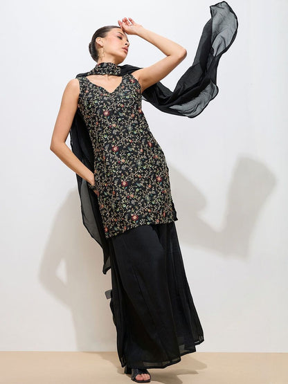 Dhiyona KL Floral Embroidered V-Neck Thread Work Georgette Kurta & Palazzos With Dupatta