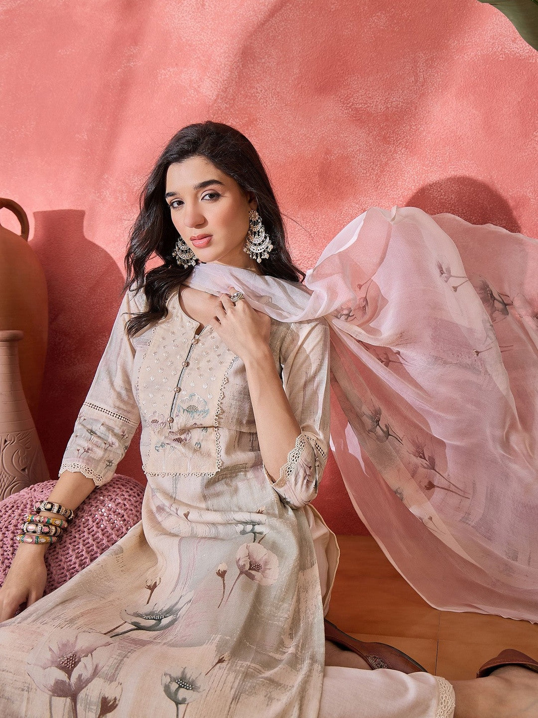 Embroidered Pure Cotton Round Neck Kurta & Trousers Kurta Set