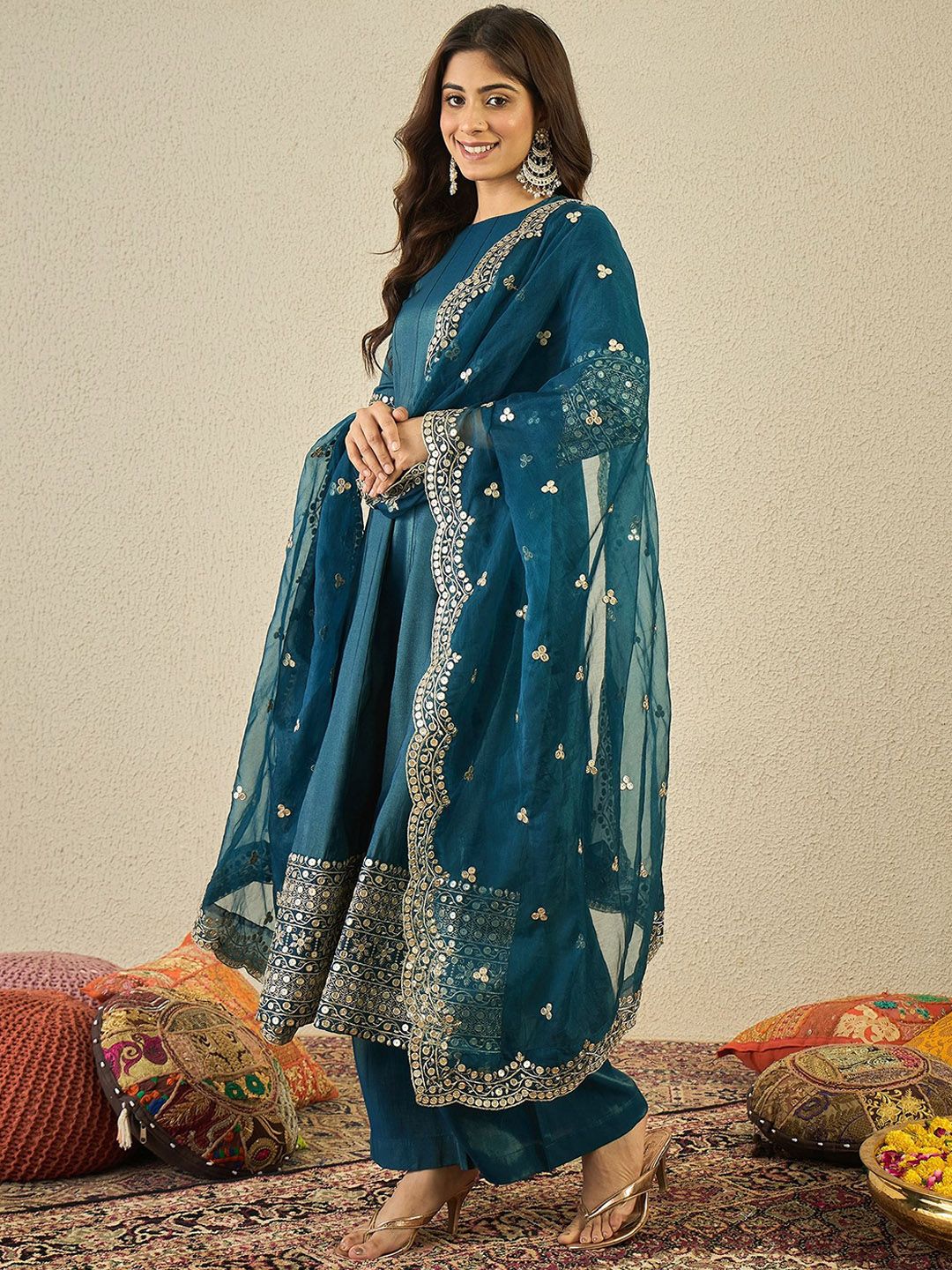 Dhiyona IN Women Ethnic Motifs Embroidered Kurta with Palazzo & Dupatta