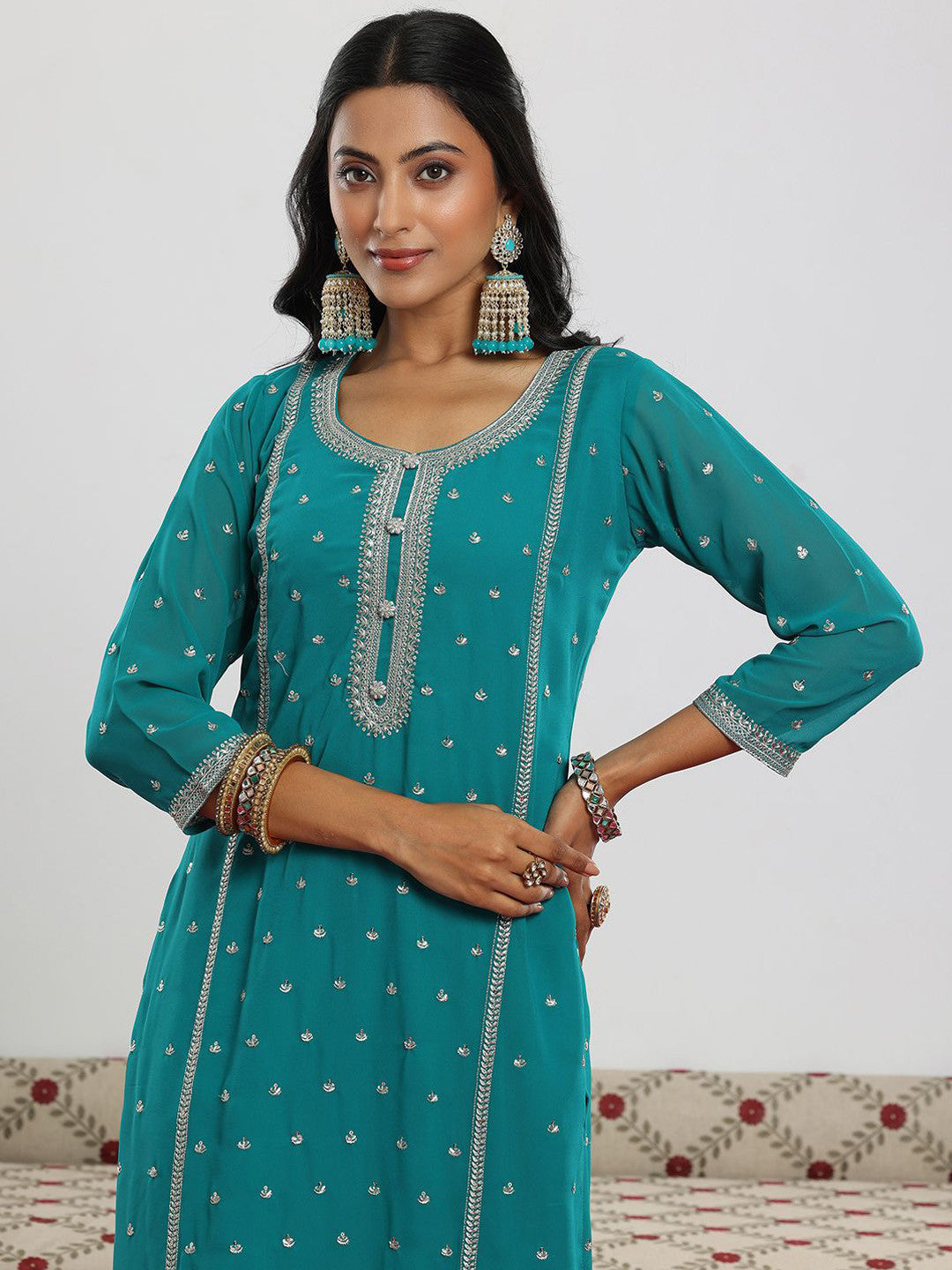 Green and Silver Ethnic Motifs Embroidered Sequinned Kurta with Palazzo & Dupatta