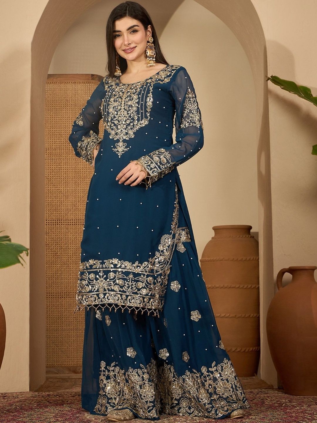 Dhiyona SN Women Ethnic Motifs Embroidered Regular Kurta with Sharara & With Dupatta