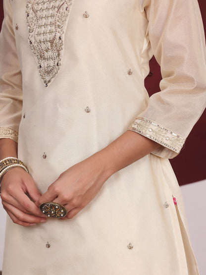 Dhiyona VA Cream-Coloured Floral Embroidered Sequined Kurta With Palazzos & Dupatta