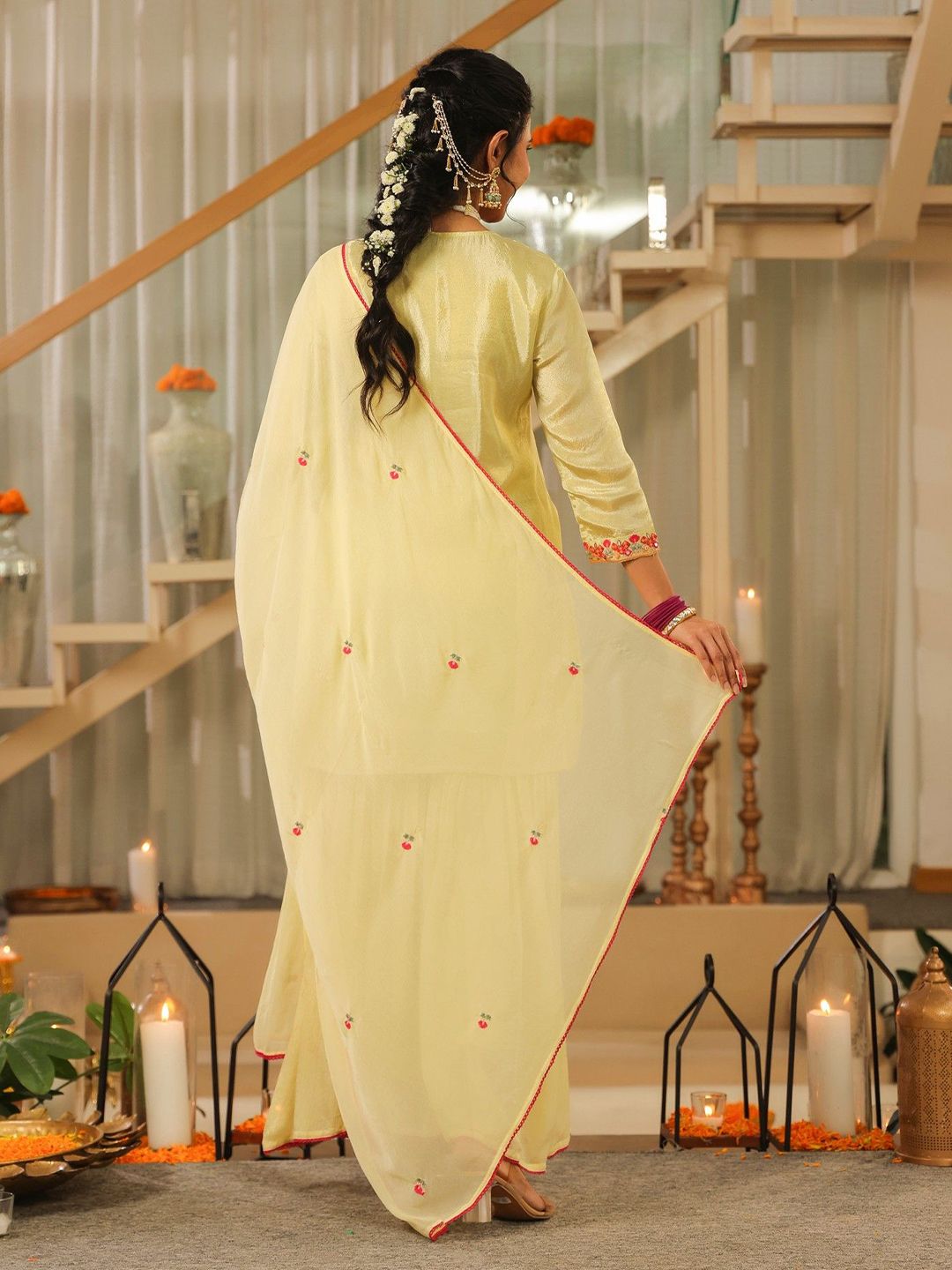 Dhiyona SC Women Ethnic Motifs Embroidered Kurta with Sharara & Dupatta