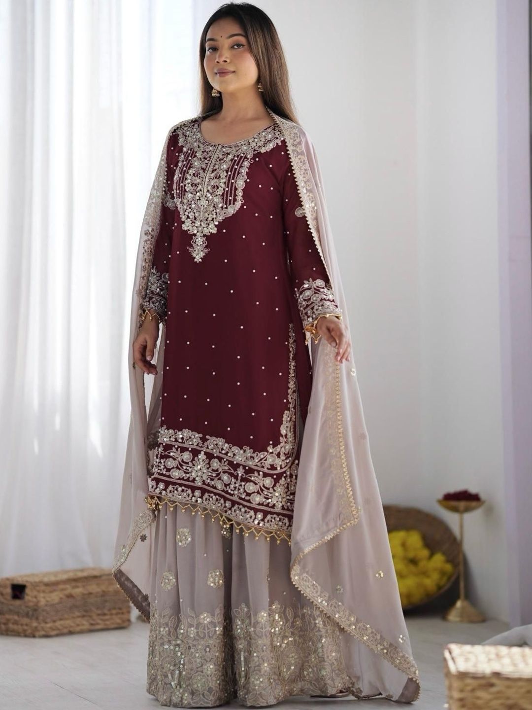 Dhiyona KL Women Ethnic Motifs Embroidered Regular Sequinned Kurta with Sharara & With Dupatta