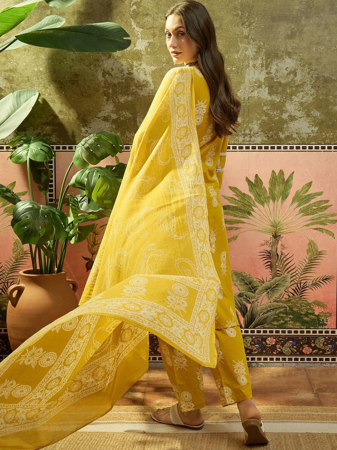 Embroidered Pure Cotton V-Neck Kurta & Trousers With Dupatta