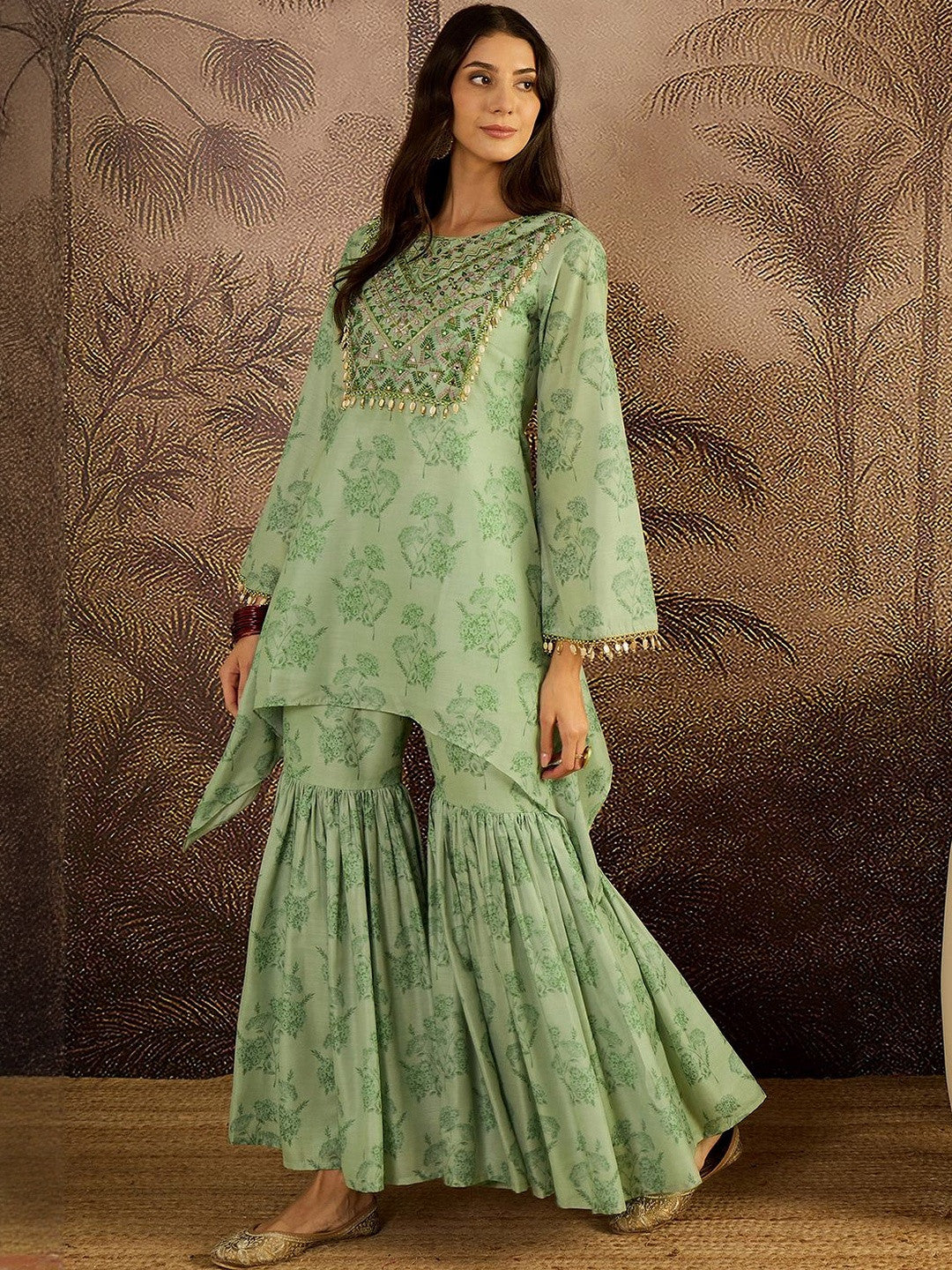 Women Floral Embroidered Regular Beads and Stones Kurta with Sharara Kurta Sets