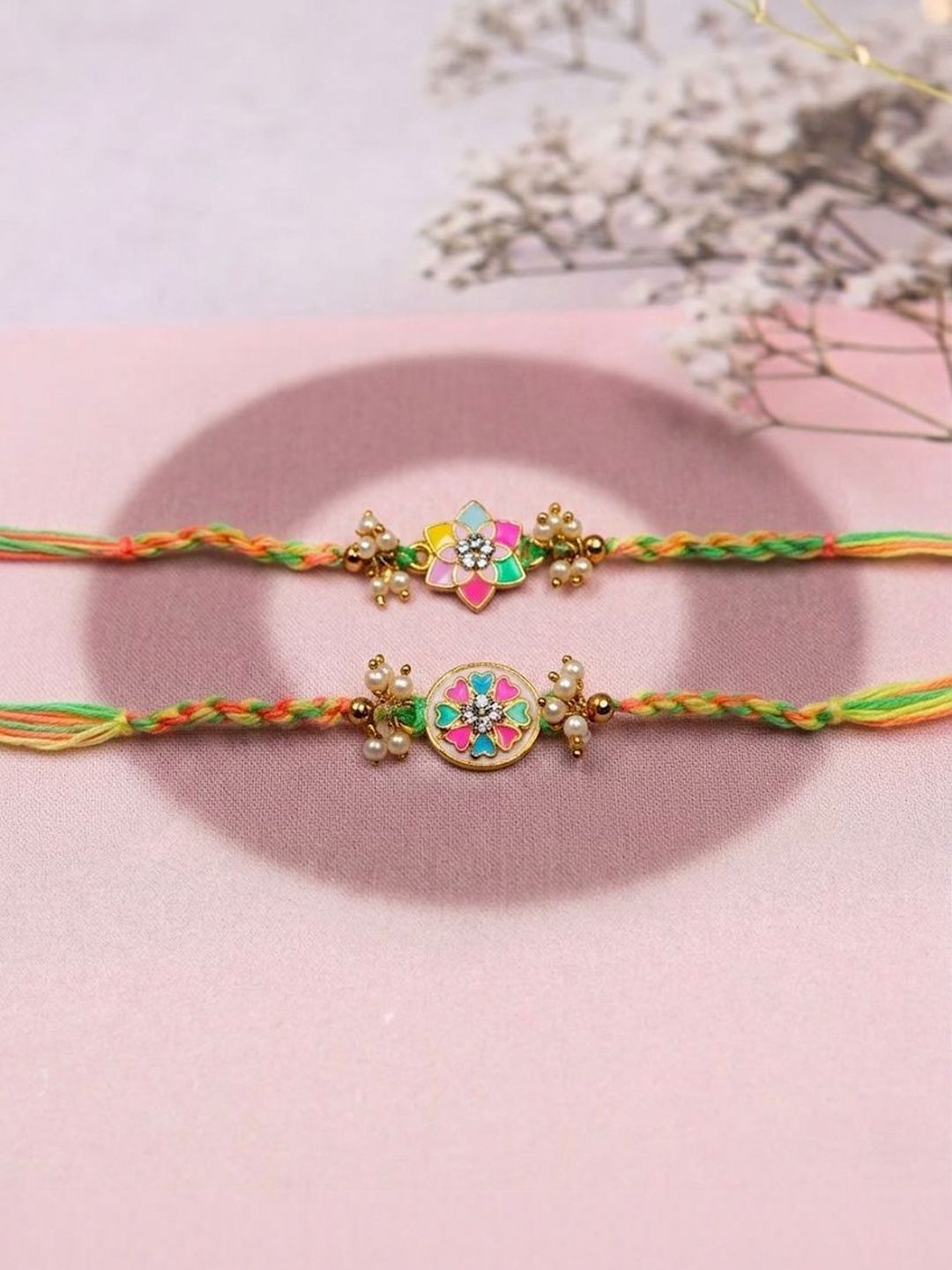 Dhiyona Set Of 2 Meenakari Floral Thread Rakhi With Roli Chawal Chandan Mishri