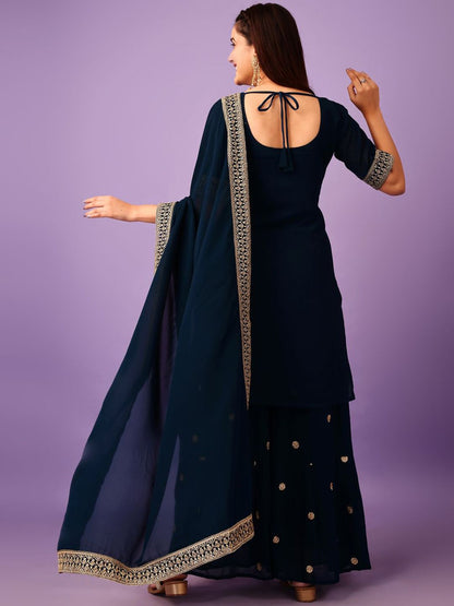 Dhiyona KL Floral Embroidered Georgette Straight Kurta with Sharara & Dupatta