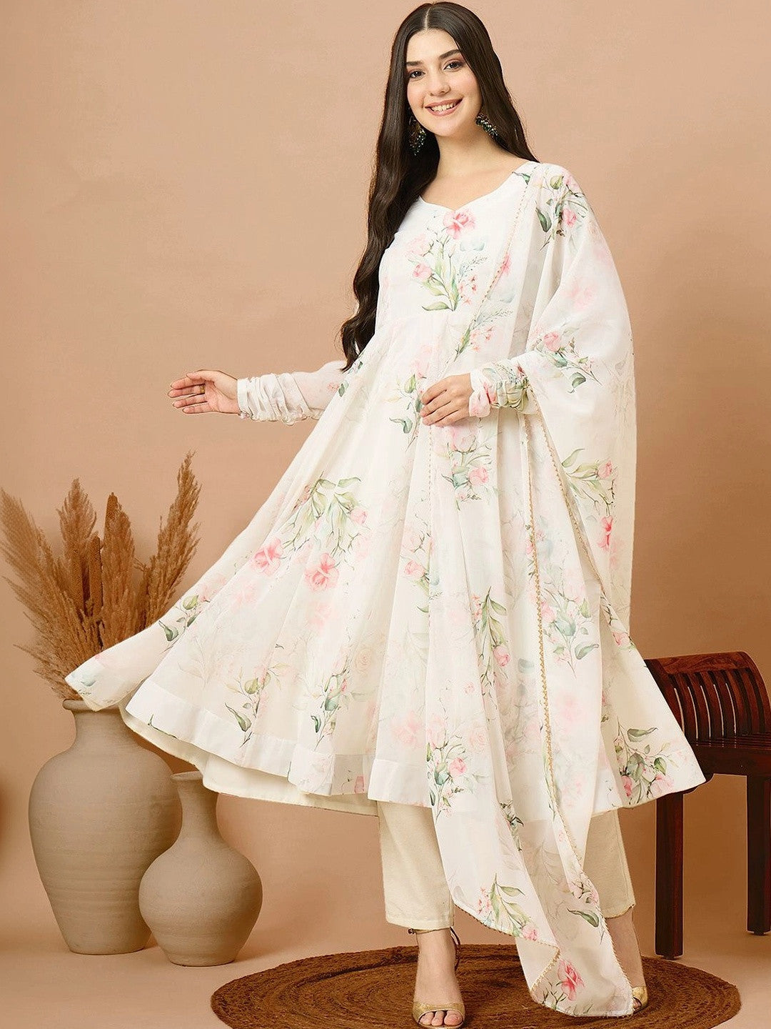 Women Floral Printed Anarkali Kurta & Trousers With Dupatta