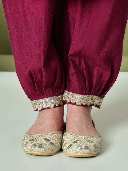 Magenta Flared Sleeves Thread Work Straight Kurta With Salwar & Dupatta
