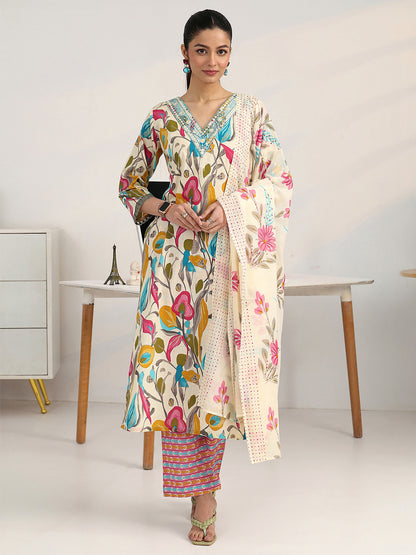 Women Floral Printed Regular Thread Work Kurta with Trousers & With Dupatta