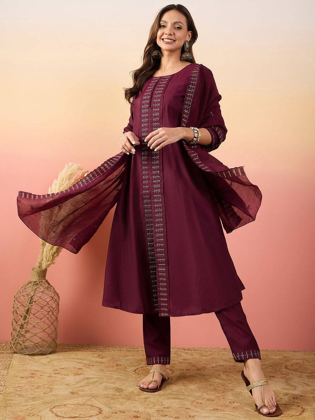 Embroidered Straight Kurta With Pyjamas & Dupatta