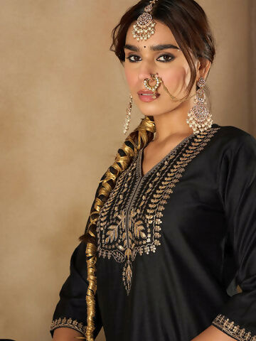 Women's Black Embroidered Straight Kurta Sharara With Dupatta Set