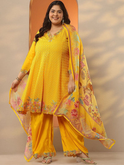 Dhiyona Women's Embroidered Thread Work Plus Size A-Line Kurta With Palazzos & Dupatta