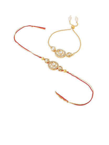 Dhiyona Set Of 2 Gold Toned Kundan Bhaiya Bhabhi Rakhi With Roli Chawal Chandan Mishri