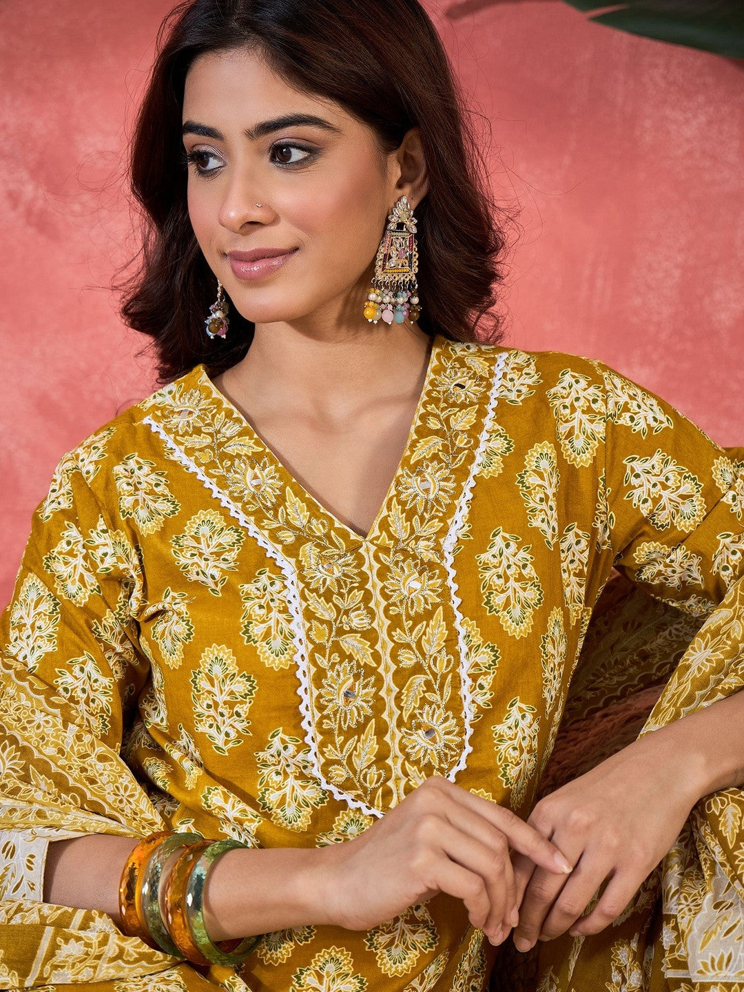 Printed Pure Cotton V-Neck Kurta & Trousers Kurta Sets