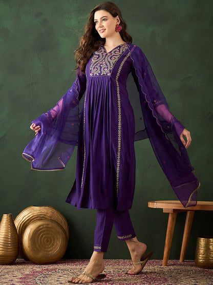 Women Embroidered A-Line Kurta Trousers & Dupatta