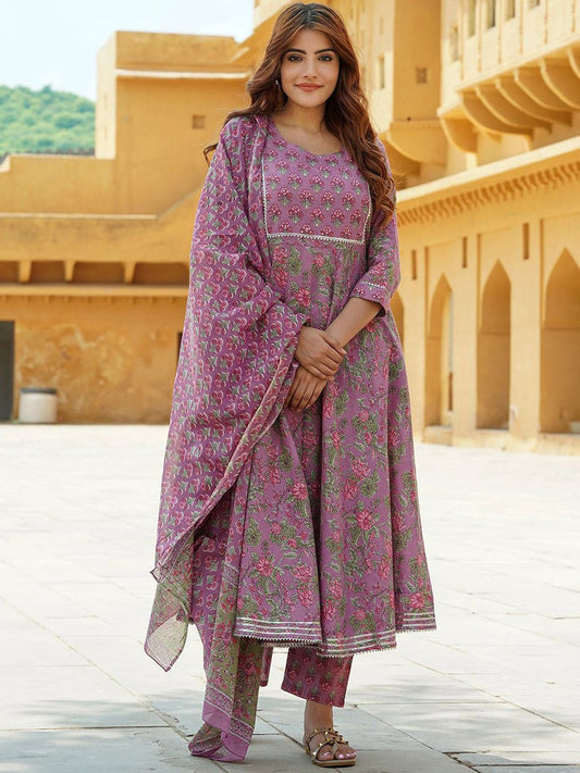 Dhiyona KL Floral Printed Gotta Patti Pure Cotton Anarkali Kurta With Trousers & Dupatta