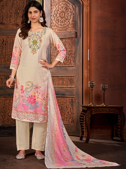 Printed Round Neck Kurta & Trousers With Dupatta