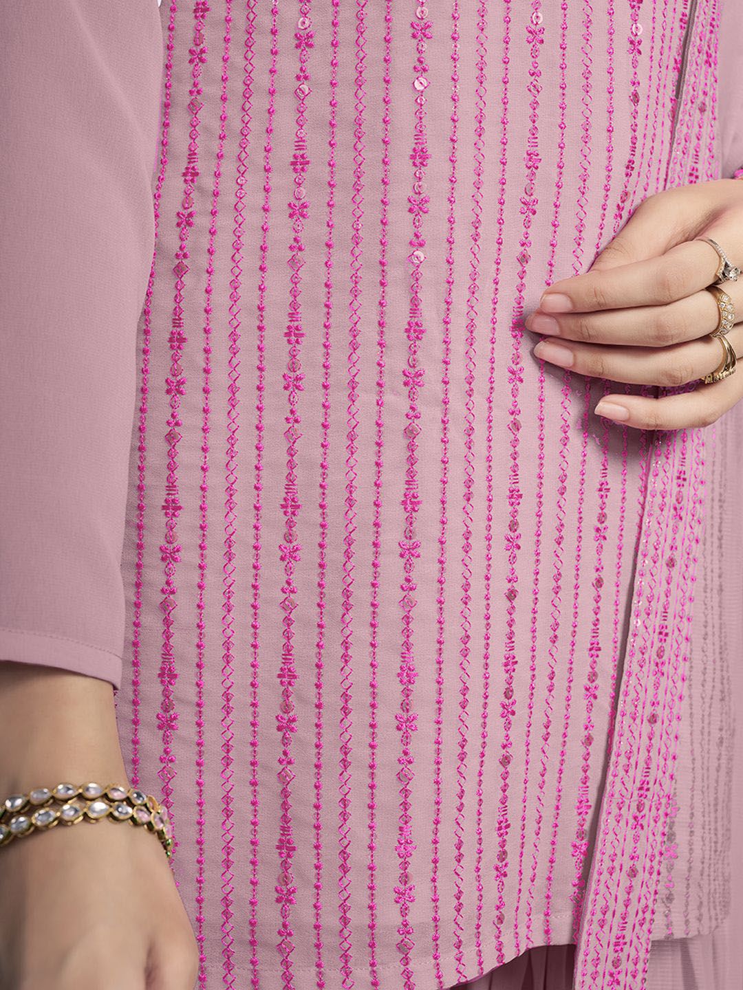 Dhiyona IN Floral Embroidered Round Neck Sequinned Georgette Kurta With Sharara & Dupatta
