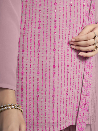 Dhiyona IN Floral Embroidered Round Neck Sequinned Georgette Kurta With Sharara & Dupatta